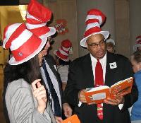 Michael Marks of the National Education Association Executive Committee rehearses a dramatic reading of Green Eggs and Ham to warm up the crowd.